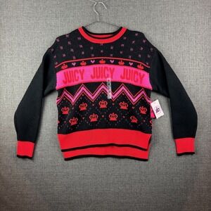 Juicy Couture Sweater Womens Medium Black Red Pink Crown Crewneck Knit Pullover